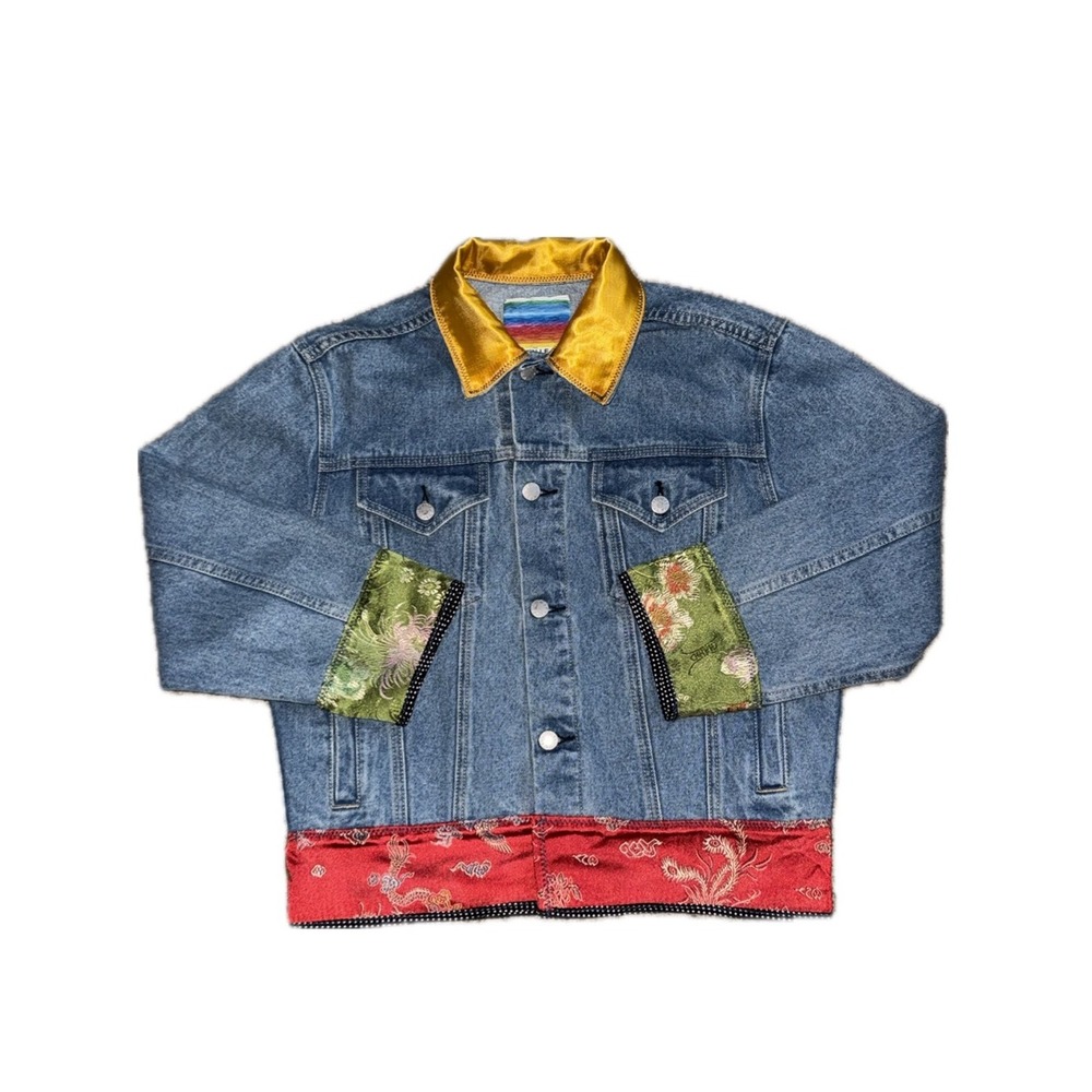 UNIF *NWT* Upcycled Patchwork Denim Trucker Jacket Satin Trim | Women's Sz M